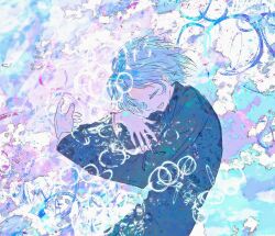  1boy 1other abstract_background blue_hair closed_eyes colorful colorful_background floating_hair from_side gakuran highres hug invisible male_focus mamiya_yumehisa school_uniform sekai_metsubou_kyouyuu_gensou_mamiya short_hair soap_bubbles solo_focus suou_keito upper_body yzyzdh 