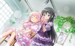  2girls ^_^ adjusting_another's_hair akemi_homura ankle_socks artist_request bare_shoulders black_hair bow bowtie braid brooch buttons card_commentary ceiling_light chair closed_eyes collared_dress collared_shirt commentary corset cropped_shirt day detached_sleeves downturned_eyes dress dress_bow dutch_angle eyelashes feet_out_of_frame frilled_dress frilled_garter frilled_shirt frilled_skirt frilled_sleeves frilled_wrist_cuffs frills game_asset gem hair_bow hair_half_undone hair_ribbon half_up_half_down_braid hands_on_lap hanging_plant happy highres indoors jewelry jitome kaname_madoka knees light_particles long_hair looking_at_another mahou_shoujo_madoka_magica mahou_shoujo_madoka_magica_(anime) mahou_shoujo_madoka_magica_magia_exedra medium_dress medium_hair medium_skirt midriff multiple_girls official_alternate_costume official_art on_chair painting_(object) pink_bow pink_bowtie pink_gem pink_hair pink_ribbon pink_shirt pink_skirt puffy_short_sleeves puffy_sleeves purple_bow purple_bowtie purple_corset purple_dress purple_garter purple_sleeves ribbon ring shirt short_sleeves short_twintails sidelocks sitting skirt skirt_bow sleeveless sleeveless_dress socks sparkle third-party_source twintails very_long_hair violet_eyes white_socks white_wrist_cuffs window wooden_ceiling wrist_cuffs 