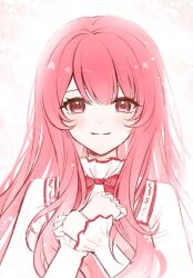  1girl bloom_poetry_(shining_nikki) bow bowtie brown_eyes chinese_commentary closed_mouth clothes_writing collared_shirt commentary cyfrost dot_nose dress eyelashes eyes_visible_through_hair frilled_shirt_collar frilled_sleeves frills hair_between_eyes hands_on_own_chest happy high_collar highres light_blush light_particles long_hair long_sidelocks long_sleeves looking_at_viewer nikki_(nikki) nikki_(series) own_hands_together pinafore_dress pink_dress pink_hair red_bow red_bowtie shining_nikki shirt sidelocks sleeveless sleeveless_dress sleeves_past_wrists smile solo straight-on strap upper_body variant_set very_long_hair wavy_hair white_background white_shirt 