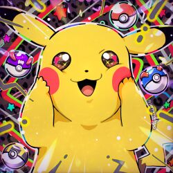 brown_eyes commentary_request emphasis_lines great_ball hands_on_own_cheeks hands_on_own_face heart heart_in_eye highres looking_at_viewer master_ball open_mouth pikachu poke_ball poke_ball_(basic) pokemon pokemon_(creature) sereenadayo solo sparkling_eyes star_(symbol) straight-on symbol_in_eye tail twitter_username ultra_ball upper_body yellow_fur 