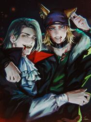  2boys alternate_costume animal_costume animal_ears arm_around_shoulder ascot black_coat black_collar black_nails blonde_hair blood blood_on_face blood_on_mouth blue_eyes coat collar ear_piercing earrings fangs green_eyes green_lips green_shirt gyro_zeppeli halloween halloween_costume hand_on_own_ear highres jewelry johnny_joestar jojo_no_kimyou_na_bouken long_hair long_sleeves looking_at_viewer male_focus multiple_boys nail_polish open_mouth piercing shirt staryoruu steel_ball_run stud_earrings teeth upper_body vampire_costume white_ascot wolf_costume wolf_ears 