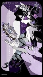  1girl absurdres black_border black_hair border bug butterfly chinese_commentary commentary_request copyright_name countdown cowboy_shot dress from_side grey_dress hair_ornament hand_up highres holding holding_instrument instrument isolde_(reverse:1999) leaf_hair_ornament logo long_hair official_alternate_costume official_art purple_butterfly purple_shawl reverse:1999 shawl sleeveless sleeveless_dress solo tambourine 