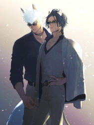  2boys animal_ears black_hair black_shirt commentary_request cowboy_shot dark-skinned_male dark_skin gradient_background green_eyes grey_jacket grey_vest hand_on_own_hip highres jack_howl jacket jacket_on_shoulders ki_toji leona_kingscholar lion_boy lion_ears lion_tail looking_to_the_side male_focus multiple_boys scar scar_across_eye scar_on_face shirt standing sunglasses tail twisted_wonderland vest white_hair wolf_boy wolf_ears wolf_tail yellow_eyes 