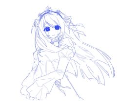  1girl air_zizon blue_theme closed_mouth commentary_request dress eunoia_(frozen_soul) frozen_soul hair_ribbon hairband juliet_sleeves korean_commentary long_hair long_sleeves looking_at_viewer monochrome puffy_sleeves ribbon roblox sidelocks smile snowflakes solo very_long_hair 