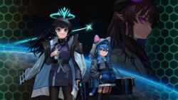  3girls animal_ears aqua_pupils artist_request bag belt black_bag black_belt black_hair black_hat black_pantyhose black_thighhighs blue_bag blue_coat blue_eyes blue_hair blue_hawaii_(soulers) blue_jacket blue_skirt brown_hair cat_ears cat_girl cat_tail character_request closed_mouth coat coat_on_shoulders eyelashes glint grey_jacket hand_in_pocket hand_up hat holding holding_weapon honeycomb_(pattern) hood hooded_jacket id_card jacket lethe_(soulers) long_hair multiple_girls official_art pantyhose pink_pupils plant pointy_ears second-party_source skirt soulers space star-shaped_pupils star_(symbol) symbol-shaped_pupils tail thigh-highs violet_eyes weapon 