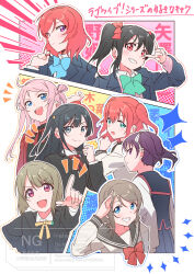  6+girls \m/ absurdres ahoge aqua_eyes black_hair black_jacket black_shirt blue_bow blue_bowtie blue_eyes bow bowtie brown_hair cardigan character_name collared_shirt commentary_request green_bow green_bowtie grey_hair grey_sailor_collar grin hair_bow hair_ornament highres inazuma_(elect_line) jacket kazuno_leah kurosawa_ruby long_hair long_sleeves love_live! love_live!_nijigasaki_high_school_idol_club love_live!_school_idol_project love_live!_sunshine!! medium_hair multiple_girls nakasu_kasumi neck_ribbon nijigasaki_school_uniform nishikino_maki one_side_up open_cardigan open_clothes otonokizaka_school_uniform pink_eyes pink_hair purple_hair red_bow red_bowtie red_cardigan red_eyes red_hair red_ribbon ribbon sailor_collar salute school_uniform seisen_school_uniform serafuku shirt short_hair smile translation_request triangle_hair_ornament twintails two_side_up uranohoshi_school_uniform violet_eyes watanabe_you winter_uniform yazawa_nico yellow_ribbon yuki_setsuna zhong_lanzhu 