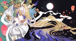  1girl absurdres arknights bare_shoulders black_background blonde_hair blue_eyes branch chinese_commentary closed_mouth colored_extremities commentary_request dragon_girl dragon_horns earrings grey_hair hair_between_eyes hands_up highres horns jewelry leaf long_hair long_sleeves looking_at_viewer moon multicolored_hair necklace pointy_ears se1lia shu_(arknights) smile solo upper_body very_long_hair yellow_hands 