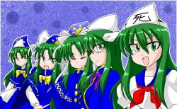  5girls :d akyuu's_untouched_score blue_background blue_capelet blue_dress blue_hat blue_sailor_collar bow bowtie buttons capelet closed_eyes commentary_request dress green_eyes green_hair hat highly_responsive_to_prayers holding holding_staff looking_at_viewer looking_to_the_side miera mima_(touhou) multiple_girls multiple_persona mystic_square neckerchief phantasmagoria_of_dim.dream purple_neckerchief red_neckerchief sailor_collar school_uniform serafuku shirt sideways_glance smile staff star_(symbol) star_print story_of_eastern_wonderland sun_print touhou touhou_(pc-98) white_hat white_shirt wizard_hat yellow_bow yellow_bowtie 