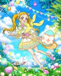  1boy 1girl apron blonde_hair bunbee_(yes!_precure_5) capelet cure_lemonade easter_egg egg highres kasugano_urara_(yes!_precure_5) long_hair official_art oversized_object pink_corset pink_footwear precure precure_connection_puzzlun rabbit short_bangs smile solo solo_focus spoon third-party_source twintails yellow_capelet yellow_eyes yes!_precure_5 