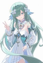  aqua_dress aqua_eyes aqua_gem aqua_hair aqua_sleeves blue_gem body_markings bracelet choker collar commentary detached_collar detached_sleeves dress english_commentary fins flower frilled_collar frilled_sleeves frills gem genshin_impact grey_choker hair_flower hair_ornament hair_over_one_eye head_fins highres jewelry light_blush long_hair long_sleeves one_eye_covered open_mouth orcalikesfish pearl puffy_sleeves silver_bracelet silver_trim smile v very_long_hair vodyanitsa_(genshin_impact) white_background white_collar white_dress white_flower white_sleeves 