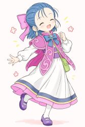  1girl ^_^ absurdres aged_down blue_bow blue_gem blue_hair bow capelet child closed_eyes cocoa_2am dragon_quest dragon_quest_monsters_4 dragon_quest_v dress earrings flora_(dq5) flower_symbol full_body gem hair_bow highres jewelry large_bow light_blush long_sleeves medium_hair open_mouth pink_background pink_bow pink_capelet pouch purple_sash purple_shoes sash shoes socks solo white_dress white_socks 