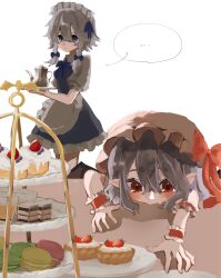  2girls apron blue_hair blush braid cake cake_slice commentary_request food grey_hair hat highres izayoi_sakuya k4iwa_u macaron maid maid_headdress mob_cap multiple_girls plate pointy_ears puffy_sleeves red_eyes red_ribbon remilia_scarlet ribbon table teapot touhou tray twin_braids unconventional_maid white_apron wrist_cuffs 