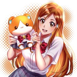  1girl absurdres artist_name bleach bow breasts brown_eyes collared_shirt commentary eyelashes grey_skirt hair_ornament hairclip hands_up happy highres holding holding_toy inoue_orihime large_breasts leaning_to_the_side long_hair looking_at_viewer loose_hair_strand me_lauryy narrow_waist open_mouth orange_hair parallel_hairclips parted_lips pleated_skirt red_bow school_uniform shirt short_sleeves skirt straight_hair stuffed_animal stuffed_toy teeth tongue toy upper_body upper_teeth_only white_shirt 