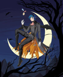  1boy angelhht ascot bare_tree bat_(animal) black_boots blue_hair boots butler candy coat crescent_moon demon_boy demon_horns demon_tail demon_wings fire_emblem fire_emblem:_three_houses fire_emblem_heroes floating floating_clothes floating_object food gloves grey_coat halloween halloween_costume highres horns knee_boots lollipop male_byleth_(fire_emblem) male_byleth_(halloween)_(fire_emblem) male_focus moon mountainous_horizon night official_alternate_costume outdoors silk solo spider_web striped_clothes tail torn_clothes tree two-sided_fabric vest waistcoat white_gloves wings 