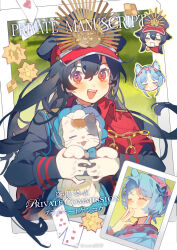  2girls animal animal_ears black_hair blue_hair blush cape card cat cat_ears chibi closed_eyes crest family_crest fate/grand_order fate_(series) gloves hair_between_eyes hat jacket japanese_clothes long_hair long_sleeves looking_at_viewer military_hat multiple_girls nomi_tongxue oda_nobunaga_(fate) oda_nobunaga_(koha-ace) oda_uri open_mouth original playing_card red_eyes smile white_gloves 