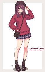  1girl arm_up bag beret black_hat black_shoes black_socks blue_eyes blue_skirt border closed_mouth commentary_request copyright_name dated full_body green_eyes grey_border hat highres jagi_(jagi_souken) light_blush long_hair looking_at_viewer mary_janes miniskirt multicolored_eyes outside_border plaid_clothes plaid_skirt pleated_skirt red_sweater shoes shoulder_bag side_part skirt smile socks solo standing sweater toki_ayano two-tone_eyes waving white_background yurucamp 