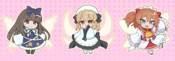  3girls absurdres ascot black_bow black_bowtie black_ribbon blonde_hair blue_bow blue_dress blue_eyes bow bowtie brown_eyes brown_hair chibi chibi_only commentary_request deformed dress drill_hair fairy fairy_wings fang frilled_sleeves frills full_body hair_bow hat headdress highres long_hair long_sleeves looking_at_viewer luna_child medium_hair multiple_girls neck_ribbon open_mouth orange_hair outstretched_arms pink_background red_bow red_eyes red_skirt ribbon shirt skin_fang skirt smile spread_arms star_sapphire sunny_milk suzukiairi0001 touhou white_dress white_hat white_shirt wide_sleeves wings yellow_ascot 