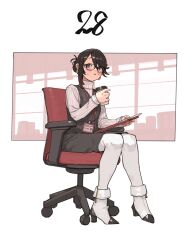  1girl absurdres aged_up black_eyes black_hair blush bukimi_isan chair clipboard cup disposable_coffee_cup disposable_cup earrings full_body glasses hair_between_eyes high_heels highres holding holding_clipboard holding_cup jewelry long_sleeves looking_at_viewer momijiyama_teru office_chair pale_skin short_hair shy_(series) sitting sweatdrop swivel_chair turtleneck white_background 