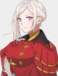  1girl breasts commentary_request dress edelgard_von_hresvelg fire_emblem fire_emblem:_three_houses gloves highres large_breasts long_hair looking_at_viewer official_alternate_hairstyle peach11_01 red_dress red_gloves side_ponytail smile solo violet_eyes white_hair 