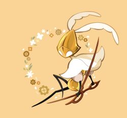  1other arthropod_girl arthropod_limbs black_skin blank_eyes cloak colored_skin dual_wielding flower full_body gears highres holding holding_sword holding_weapon hollow_knight hollow_knight:_silksong other_focus reverse_grip robot second_sentinel_(hollow_knight) starowarblern sword weapon white_cloak white_eyes white_flower yellow_background 