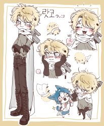  2boys absurdres animal_ears black_eyes blonde_hair boots capelet chibikemo chiikawa commentary_request crossed_arms furry hachiware_(chiikawa) highres holding holding_sword holding_weapon humanization korean_commentary korean_text male_focus multiple_boys multiple_views otter_boy otter_ears rakko_(chiikawa) salted_slug12 short_hair sword sword_on_back translation_request weapon weapon_on_back white_background white_capelet 