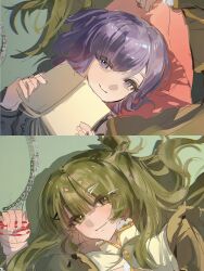  2girls absurdres akiha_school_uniform bang_dream! bang_dream!_yumemita bob_cut book chain dress fuji_miyako fuji_miyako_(real) green_hair hair_bun hair_ornament hairclip hemuxiw highres long_hair long_sleeves lying mole mole_under_mouth multiple_girls on_back one_side_up purple_hair school_uniform short_hair single_side_bun viola_(bang_dream!) violet_eyes x_hair_ornament 