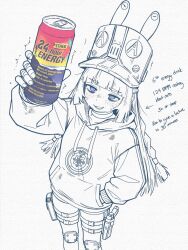  1girl @_@ alternate_costume arm_up bandaged_hand bandages blue_eyes caffichai can cowboy_shot dirty dirty_clothes drink drink_can english_text from_above grey_hat gun hand_in_pocket hat highres holding holding_can holding_drink jacket large_hat long_hair norma_hollowell open_mouth reaching reaching_towards_viewer shako_cap simple_background solo spot_color sweat thigh_strap very_long_hair weapon white_background zenless_zone_zero 
