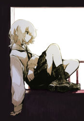  1girl absurdres black_eyes black_sailor_collar black_shoes black_skirt black_socks blurry blurry_background crossed_ankles expressionless from_side full_body hair_over_one_eye highres long_sleeves medium_hair original rahane_u sailor_collar school_uniform serafuku shirt shoes sitting skirt sleeves_past_wrists socks solo white_hair white_shirt 