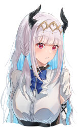  1girl absurdres black_horns blue_hair blush bow bowtie braid breasts colored_inner_hair commentary cropped_torso demon_horns diamond_hairband english_commentary gold_hairband hairband highres hiiro_amekawa horns lips lize_helesta long_hair long_sidelocks looking_at_viewer medium_breasts multicolored_hair nijisanji official_alternate_costume open_mouth red_bow red_bowtie red_eyes shirt shirt_tucked_in sidelocks simple_background solo two-tone_hair virtual_youtuber white_background white_hair white_mouth white_shirt 