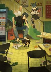  2boys black_cat black_hair black_shirt blue_eyes blue_hair blunt_bangs braid cat chair chinese_text closed_mouth commentary_request cover cover_page double_bun english_text fake_cover fake_magazine_cover floating food full_body hair_bun highres jewelry lanxi_zhen magazine_cover male_focus mixed-language_text multiple_boys nezha_(the_legend_of_luo_xiaohei) official_art on_chair pointy_ears ring sandals shirt simplified_chinese_text single_braid sitting solar_term swept_bangs the_legend_of_luo_xiaohei unconscious violet_eyes white_cat xuan_li_(the_legend_of_luo_xiaohei) yuban_delanbai 