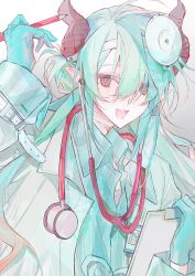  1boy :d absurdres aqua_hair arknights arm_up bandaged_head bandaged_neck bandages black_horns blue_gloves blue_shirt clipboard coat commentary demon_boy demon_horns fang gloves grey_eyes hair_bun highres holding holding_clipboard holding_pencil horns lab_coat long_hair looking_at_viewer male_focus mitm_(arknights) mitm_(under_surgical_lights)_(arknights) name_tag open_mouth pencil pointy_ears red_pupils shirt simple_background skin_fang smile solo stethoscope_around_neck untranslatable_commentary upper_body white_background white_coat wo_yao_duoqilai 
