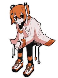  1girl a.i._voice adachi_rei black_thighhighs chiori_(_chio_ri) closed_mouth commentary_request expressionless hair_intakes hair_ribbon hand_on_own_cheek hand_on_own_face headlamp highres hood hood_down hooded_jacket jacket jitome looking_at_viewer one_side_up open_clothes open_jacket orange_eyes orange_hair orange_trim radio_antenna ribbon shoes short_hair signature simple_background sitting solo thigh-highs utau white_background white_jacket white_ribbon white_shoes 