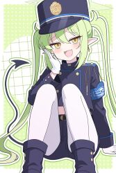  1girl arm_up armband belt black_belt blue_archive blue_armband blue_shirt blue_shorts boots demon_tail earrings fang gloves green_hair green_halo hair_between_eyes halo hat highres jewelry long_sleeves nozomi_(blue_archive) odorukaminoke pantyhose peaked_cap pointy_ears shirt short_shorts shorts single_earring sitting skin_fang smile solo tail train_conductor twintails whistle white_gloves white_pantyhose yellow_eyes 