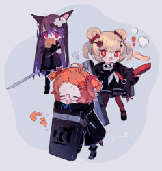  ! 3girls =_= animal_ear_fluff animal_ears arknights beagle_(arknights) black_coat black_gloves black_thighhighs blonde_hair boots brown_pantyhose coat commentary_request crossed_bandaids deformed double_bun eating food frying_pan glasses gloves gummy_(arknights) hair_bun hair_ornament hairclip holding holding_food holding_frying_pan holding_sword holding_weapon hood hood_down hooded_coat hungry inogashi long_hair long_sleeves melantha_(arknights) multiple_girls open_mouth orange_hair pancake pantyhose pink_eyes purple_hair red-framed_eyewear red_eyes sailor_collar shield simple_background squiggle standing sword thigh-highs two-tone_background weapon 