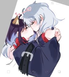  2girls ahoge animal_ears art_program_in_frame blue_hair cho_kaguya-hime! closed_eyes colored_inner_hair commentary_request cu7tw182128 fox_ears fox_girl highres hug kiss long_hair medium_hair multicolored_hair multiple_girls pink_hair purple_hair runami_yachiyo runami_yachiyo_(tsukuyomi) sakayori_iroha sakayori_iroha_(tsukuyomi) upper_body yuri 