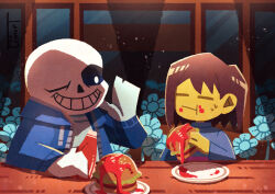  1boy 1other :t absurdres androgynous black_sclera blue_jacket blue_sweater bright_pupils burger closed_eyes closed_mouth colored_sclera colored_skin commentary_request eating food frisk_(undertale) grin highres holding holding_burger holding_food hood hooded_jacket indoors jacket ketchup ketchup_bottle long_sleeves looking_at_another one_eye_closed open_clothes open_jacket open_mouth plate sans_(undertale) short_hair skeleton smile sweat sweater teeth undertale utdr_(toby_fox) watawata22 white_pupils yellow_skin 