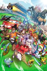  6+boys 6+girls absurdres ben_10 breasts commentary crossover disney english_commentary godzilla godzilla_(series) gold_ship_(umamusume) highres janusjan king_kong king_kong_(series) lightning_mcqueen long_hair looney_tunes mejiro_mcqueen_(umamusume) multicolored_hair multiple_boys multiple_girls my_little_pony sonic_(series) spongebob_squarepants_(series) umamusume warner_bros. white_hair 