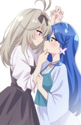  2girls absurdres ahoge antenna_hair black_dress blue_hair blush bow braid butterfly_hair_ornament dress eye_contact from_side grabbing_another's_chin grey_hair hair_bow hair_ornament hair_ribbon hand_on_another's_chin highres holding_hands howa_kurea imminent_kiss long_hair looking_at_another meitantei_precure! moria_luluka multiple_girls precure reiei_8 ribbon simple_background smile violet_eyes white_background yellow_eyes yuri 
