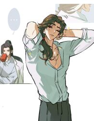  ... 2boys adjusting_hair all_wishes_come_true! alternate_costume alternate_hairstyle arms_behind_head arms_up black_hair black_pants brown_eyes brown_hair coat coat_on_shoulders collared_shirt contemporary cowboy_shot cup drinking goupai_dashi grey_shirt high_ponytail highres holding holding_cup implied_yaoi jewelry long_hair long_sleeves looking_at_another looking_at_viewer low_ponytail lu_dongbin_(all_wishes_come_true!) male_focus multiple_boys multiple_views necklace one_eye_closed open_collar pants pectoral_cleavage pectorals ponytail shirt simple_background sitting sleeves_rolled_up smile sparkle speech_bubble spoken_ellipsis standing upper_body white_background white_coat white_shirt zhongli_quan_(all_wishes_come_true!) 