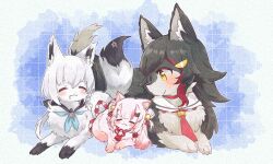  :3 animal animal_focus animal_with_hair animalization black_hair blush braid cat closed_eyes closed_mouth commentary_request fox hololive horns kouhaku_nawa long_hair looking_at_another multicolored_hair nakiri_ayame nako_(user_wnnm5534) no_humans ookami_mio red_streaks rope sailor_collar saliva shimenawa shirakami_fubuki streaked_hair white_hair white_sailor_collar wolf yellow_eyes 