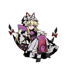  1girl ba_yun_qi black_boots blonde_hair boots bow commentary_request dress gap_(touhou) hat hat_ribbon limbus_company long_hair long_sleeves low-tied_sidelocks mob_cap parody parted_lips project_moon purple_tabard red_bow ribbon sidelocks simple_background smile solo style_parody tabard touhou very_long_hair violet_eyes white_background white_dress white_hat wide_sleeves yakumo_yukari 