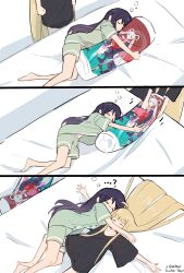  2girls ahoge black_hair black_shirt blonde_hair cho_kaguya-hime! closed_eyes commentary dakimakura_(object) green_shorts highres hug hugging_object kaguya_(cho_kaguya-hime!) long_hair lying multiple_girls pillow pillow_hug runami_yachiyo runami_yachiyo_(tsukuyomi) sakayori_iroha shirt shorts t0nys untranslatable_commentary yuri 