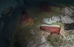  absurdres commentary_request floor footprints h.an_(516635864) highres jacket no_humans original shoe_print shoelaces shoes unworn_clothes unworn_jacket unworn_shoes 