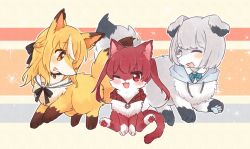  :d ;d ^_^ animal animal_focus animal_with_hair animalization black_bow black_bowtie bow bowtie braid cat closed_eyes commentary_request fox green_bow green_bowtie grey_cat grey_hair hololive houshou_marine looking_at_another multicolored_hair nako_(user_wnnm5534) no_humans one_eye_closed orange_hair pawpads red_cat red_hair shiranui_flare shirogane_noel short_hair smile sparkling_eyes streaked_hair striped_bow striped_bowtie striped_clothes twintails white_streaks 