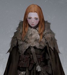  1girl bag belt belt_pouch black_bag black_coat blue_eyes brown_belt cloak coat commentary cropped dongho_kang english_commentary eyelashes fur-trimmed_cloak fur_trim grey_background highres holding holding_sack lips long_hair long_sleeves nose orange_hair original outdoors paper parted_bangs parted_lips pouch sack shoulder_bag simple_background sleeves_past_wrists solo upper_body 