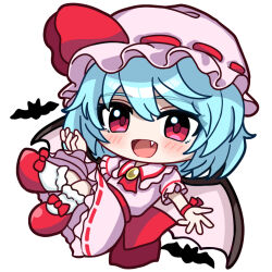  1girl ascot bat_(animal) bat_wings blue_hair blush chibi chibi_only collared_shirt commentary_request fang frilled_shirt_collar frills guminemi hat hat_ribbon looking_at_viewer mob_cap open_mouth pink_hat pink_shirt pink_skirt puffy_short_sleeves puffy_sleeves red_ascot red_eyes red_shoes remilia_scarlet ribbon shirt shoes short_sleeves simple_background skirt skirt_set smile socks solo touhou white_background white_socks wings 
