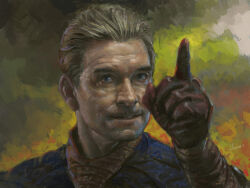  1boy absurdres blonde_hair blue_eyes commentary_request dated faux_traditional_media gloves highres homelander index_finger_raised jeffholy male_focus portrait red_gloves solo the_boys 