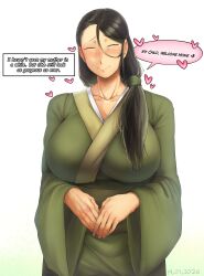  1girl absurdres black_hair blush breasts closed_eyes collarbone green_kimono hair_over_shoulder highres japanese_clothes kimono large_breasts long_hair long_sleeves low_ponytail mature_female original ponytail solo speech_bubble tofulott_e111 v_arms 