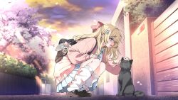  1girl :d ahoge bag bag_charm black_cat blonde_hair blue_bow blue_eyes blue_skirt bow brown_shoes cardigan cat charm_(object) cherry_blossoms clouds collared_shirt commentary evening from_side fujisaki_hikari gyaru hair_bow hair_ornament hand_on_own_knee highres house indie_virtual_youtuber kneehighs loafers long_sleeves loose_socks orange_sky otohana_yuuri outdoors petting pink_bow pink_cardigan pleated_skirt road school_bag school_uniform second-party_source shirt shoes skirt sky smile socks solo squatting street tree virtual_youtuber white_shirt x_hair_ornament 