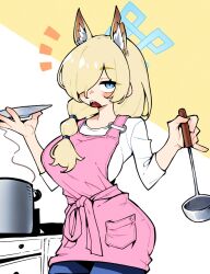  1girl animal_ear_fluff animal_ears apron blue_archive blue_halo blue_pants bowl breasts commentary_request cooking_pot cowboy_shot dog_ears dog_girl hair_over_one_eye halo holding holding_bowl holding_ladle kanna_(blue_archive) kitchen ladle large_breasts notched_ear notice_lines open_mouth pants pink_apron ponytail_over_shoulder sharp_teeth shirt solo teeth two-tone_background upper_teeth_only white_background white_shirt yellow_background yodaka_(yodaka1227) 